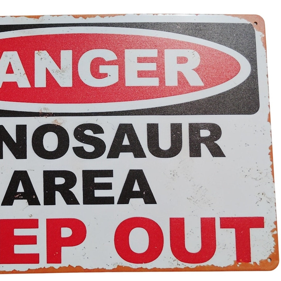 Danger Dinosaur Area Retro Tin Sign – 12x8 Metal Wall Plaque – Prehistoric Novelty Warning Sign
