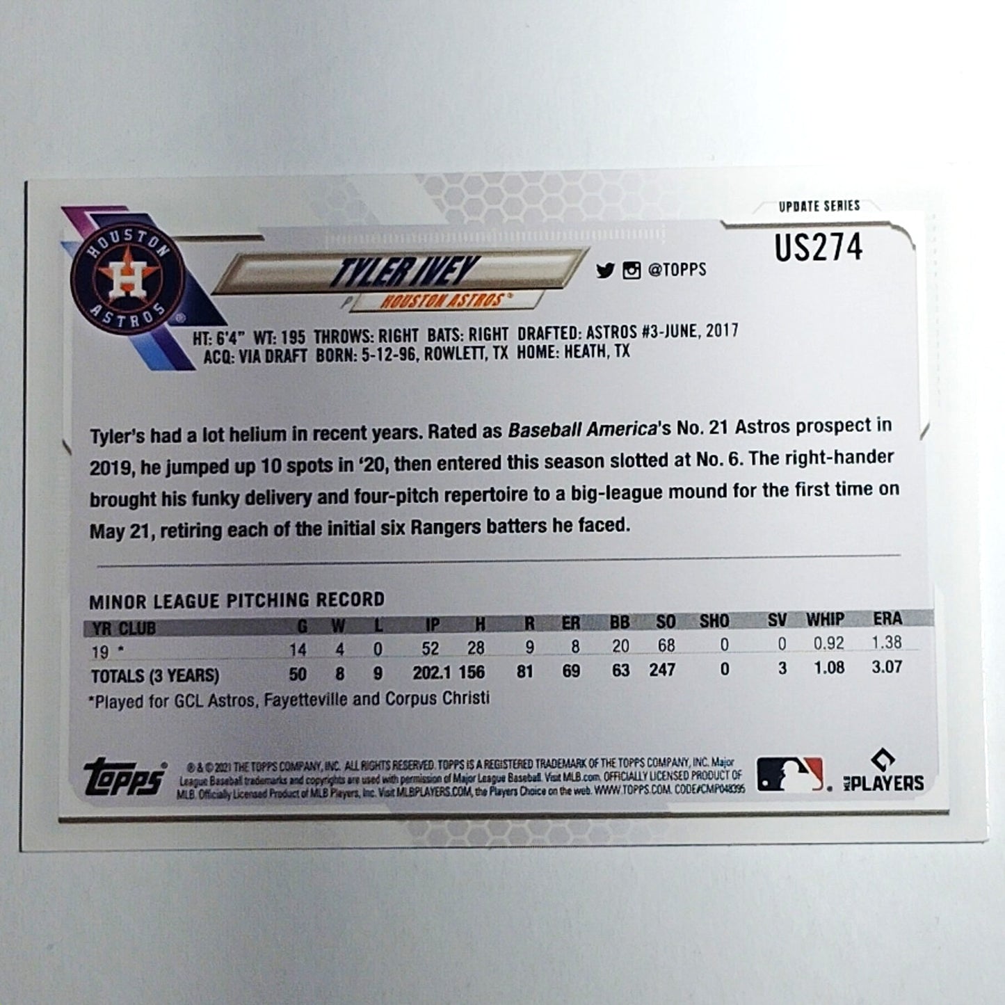 2021 Topps Update Series Tyler Ivey RC Houston Astros Pitcher Card #US274 VG/EX