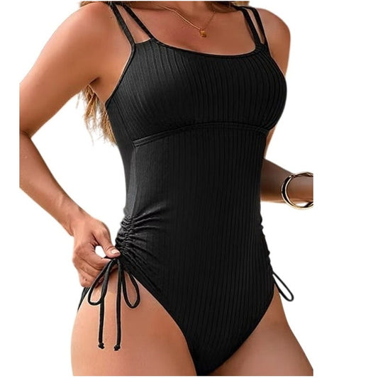 Charmo Ribbed 1-Piece Slimming Silhouette Swimsuit Black M, Adjustable Side Ties