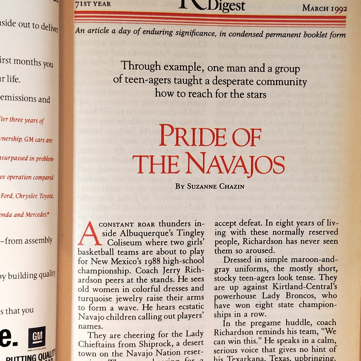 Reader's Digest March 1992 Vintage Magazine 71st Year - Pride of Navajos