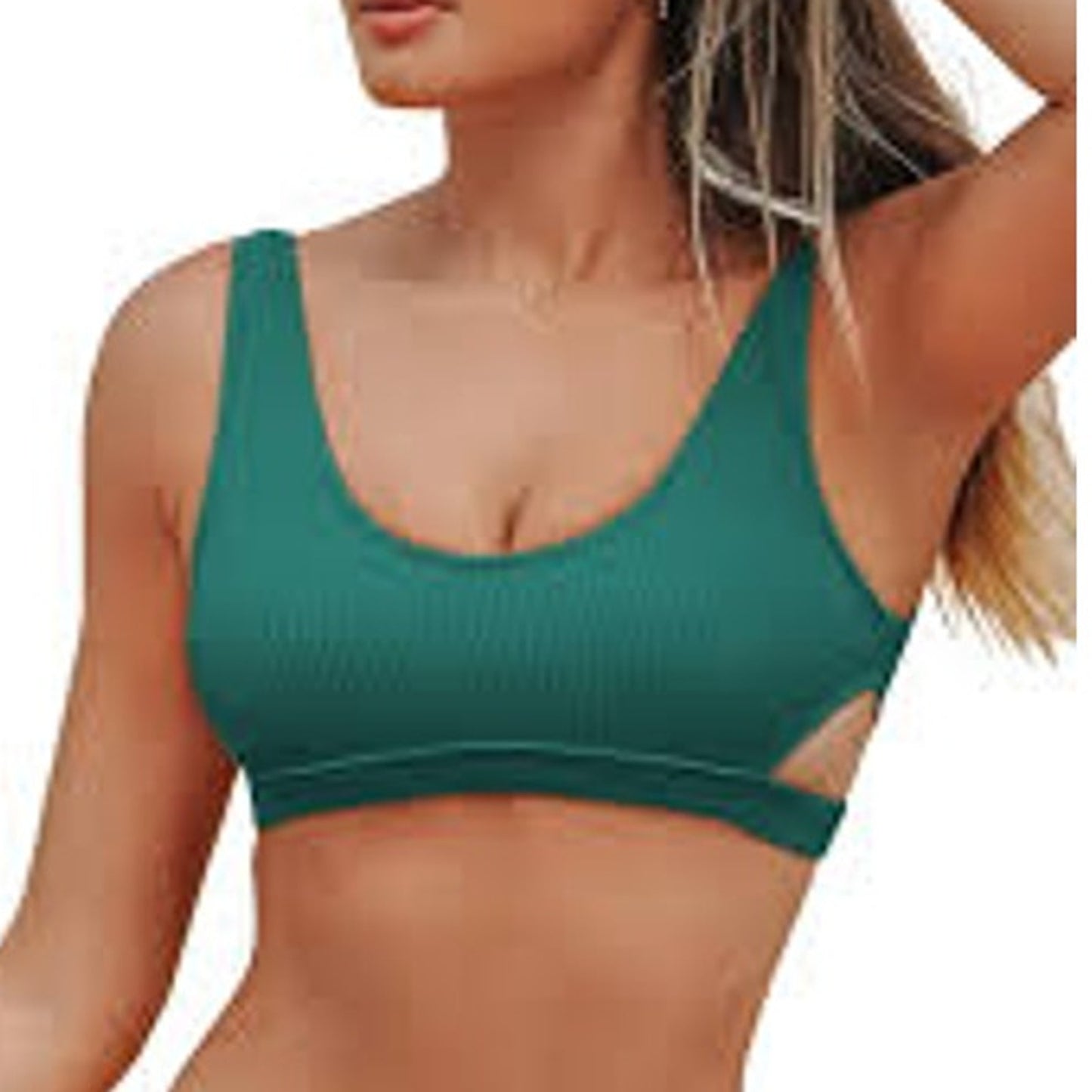 Cupshe Ribbed Scoop Neck Bikini Top, Green, Cutout Swim Women’s Medium