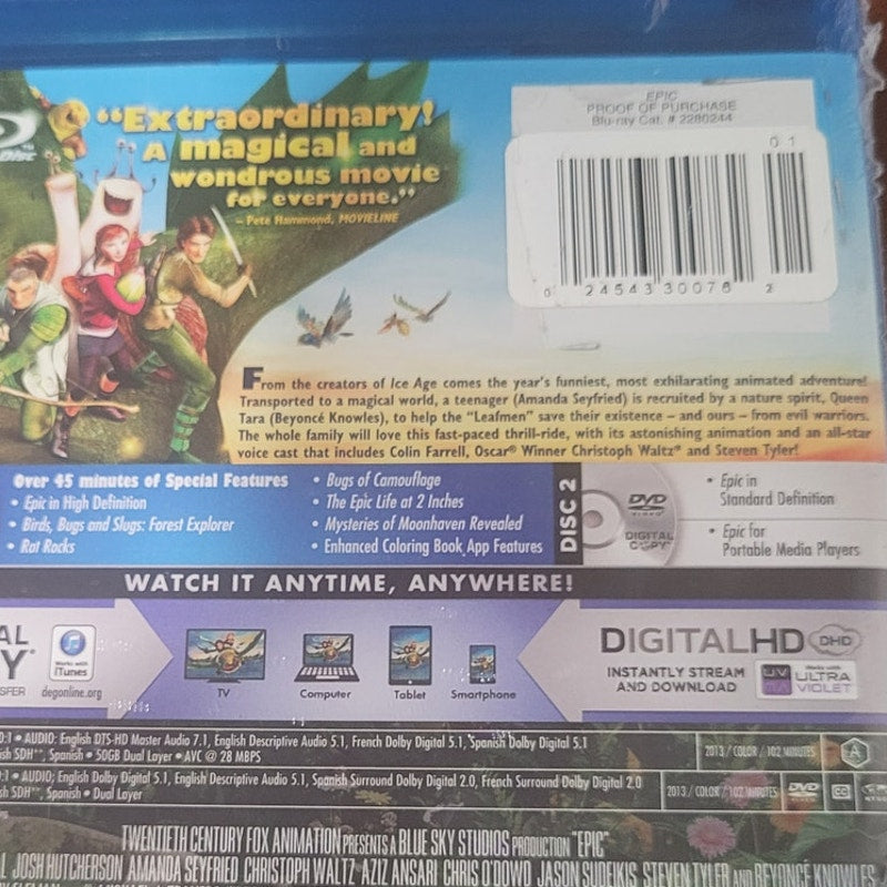 Epic Blu-ray + DVD+Digital HD Combo Pack 2013 Animated Family Adventure Fantasy