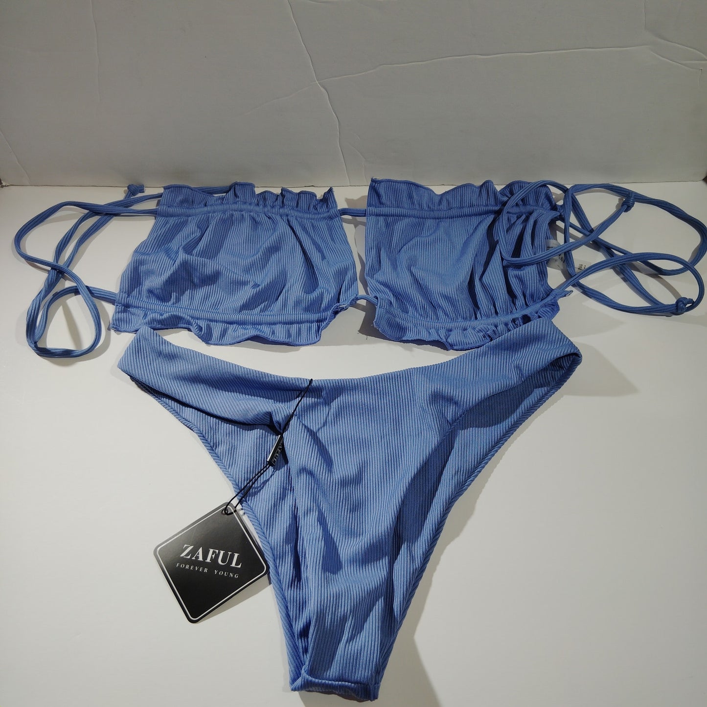 ZAFUL Women’s Ruffle Ribbed Self‑Tie Bandeau Bikini Set – Blue – Small (4) – NWT