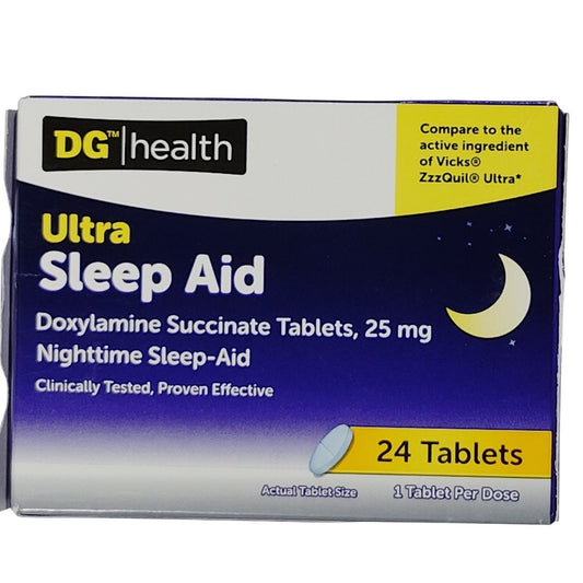 DG Health Ultra Sleep Aid – Doxylamine Succinate 25mg, 24 Tablets – Exp. 02/2026