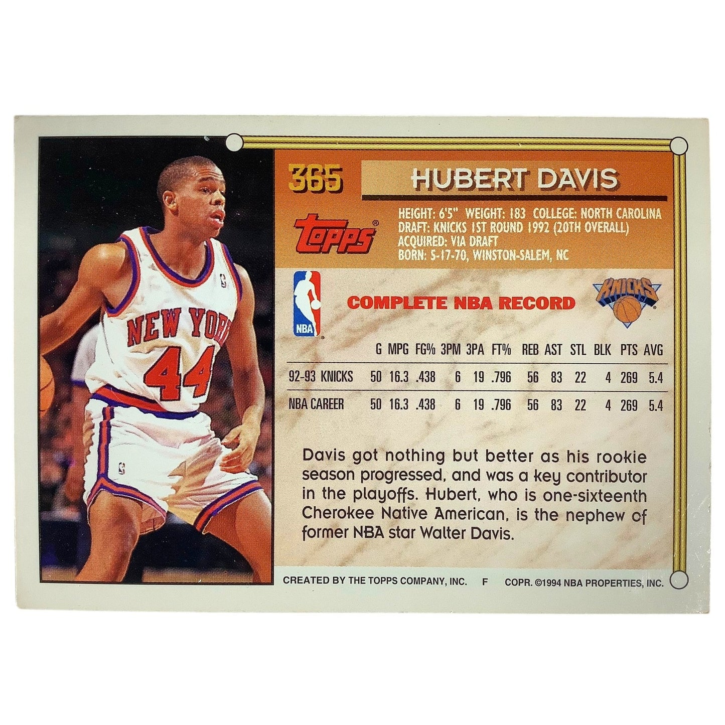 Hubert Davis, New York Knicks, 1993 Topps Gold Insert Collector's Card 365, EXC