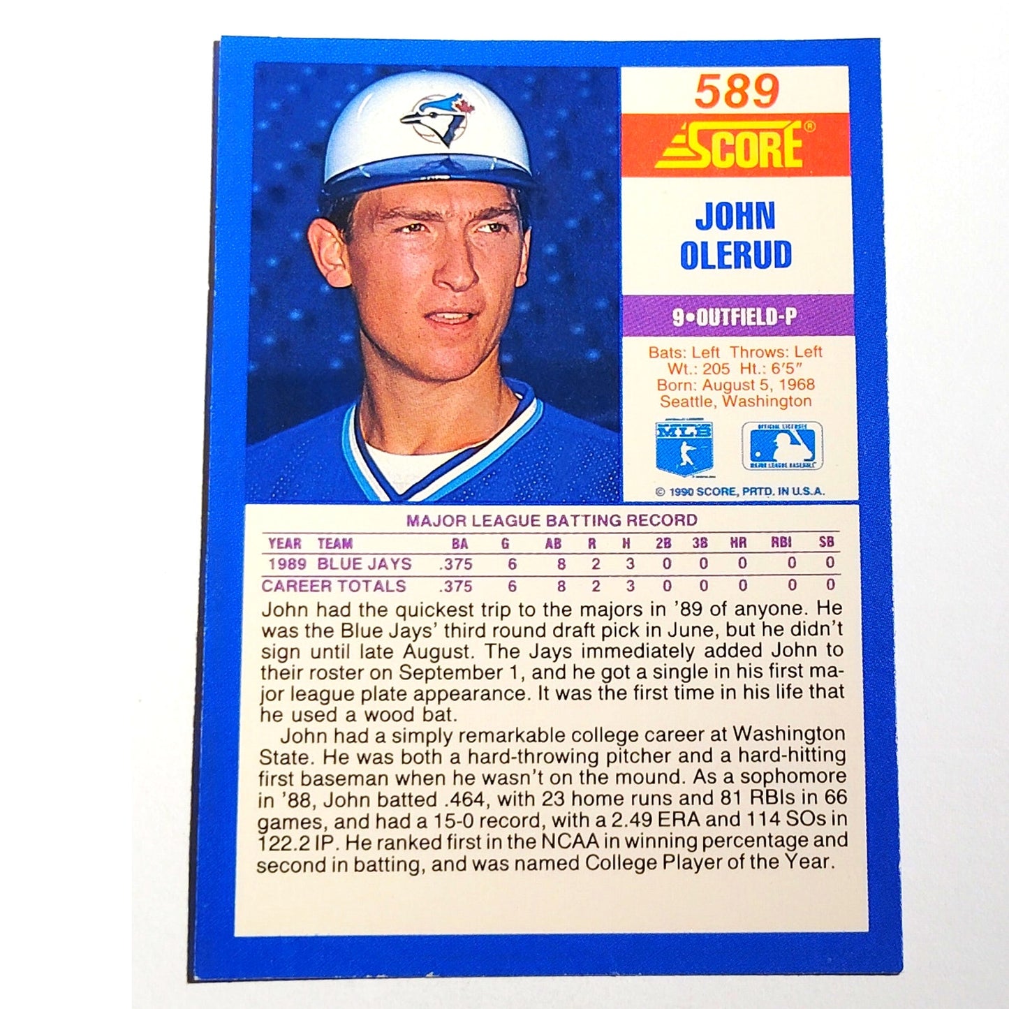 1990 Score John Olerud #589 Toronto Blue Jays First Baseman Rookie MLB EX