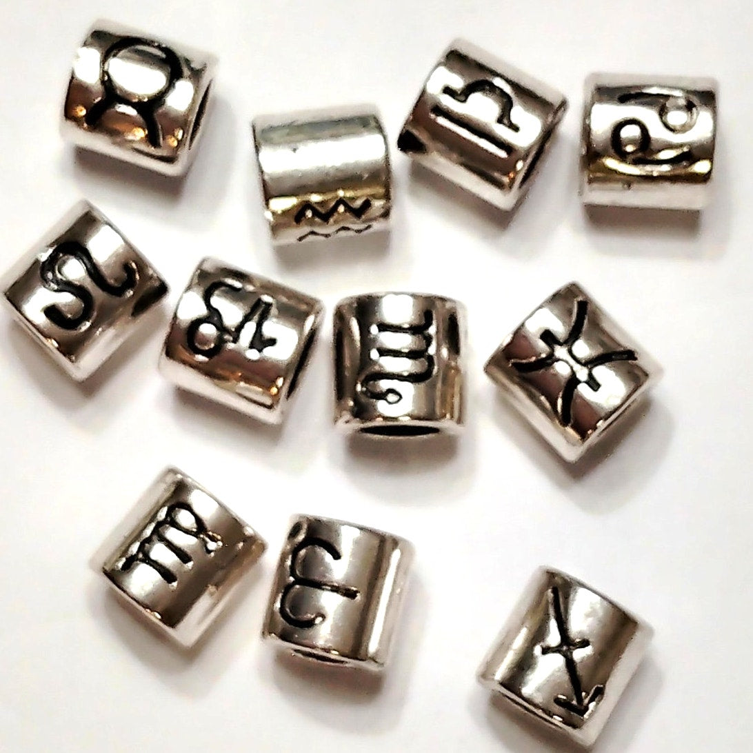 13‑Pack Zodiac Cylinder Beads Patinated Silver‑Tone Large‑Hole 7.5mm DIY Jewelr