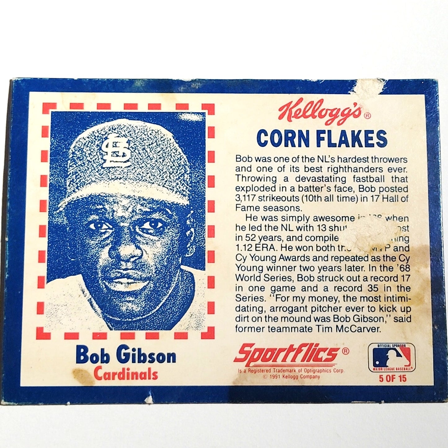 1991 Kellogg’s Corn Flakes Bob Gibson 5 Baseball Greats 3‑D Lenticular Card Fair