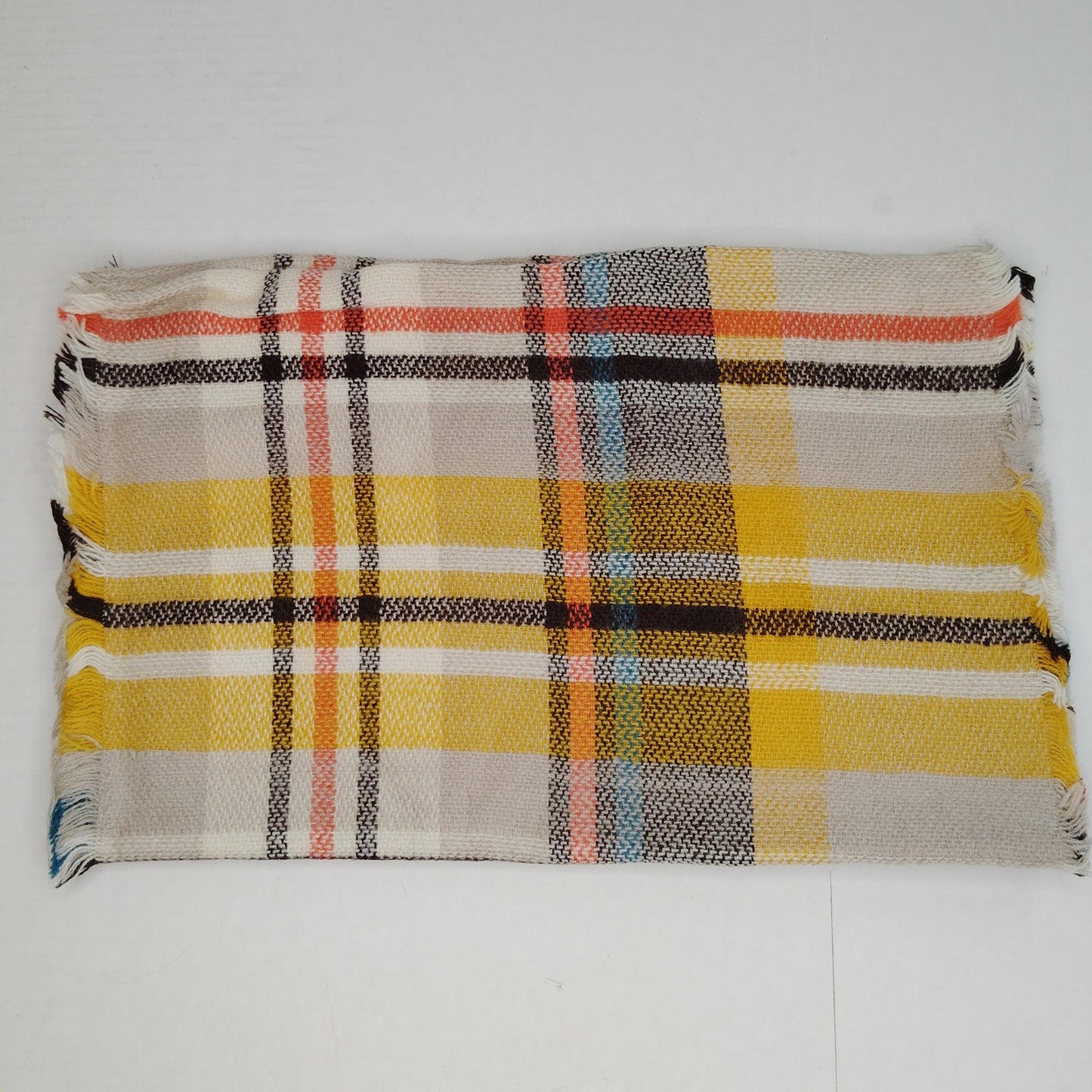 Lucky Leaf Infinity Scarf w/ Tassels Lightweight 100% Acrylic Beige/Yellow Plaid