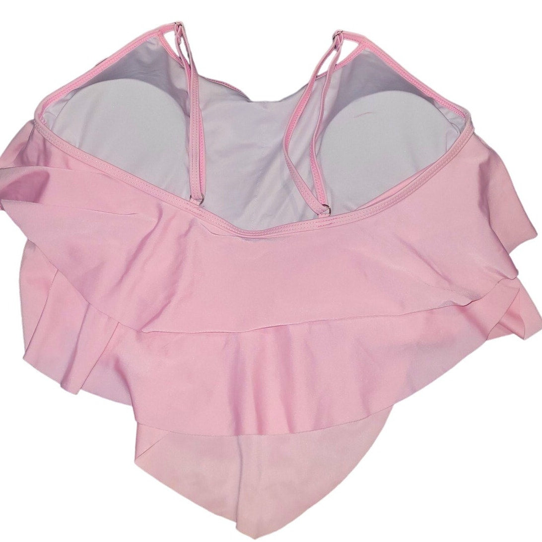 Tankini High Waisted Tummy Control Ruffled Top, Two Piece, Pink-Rose Print 12-14