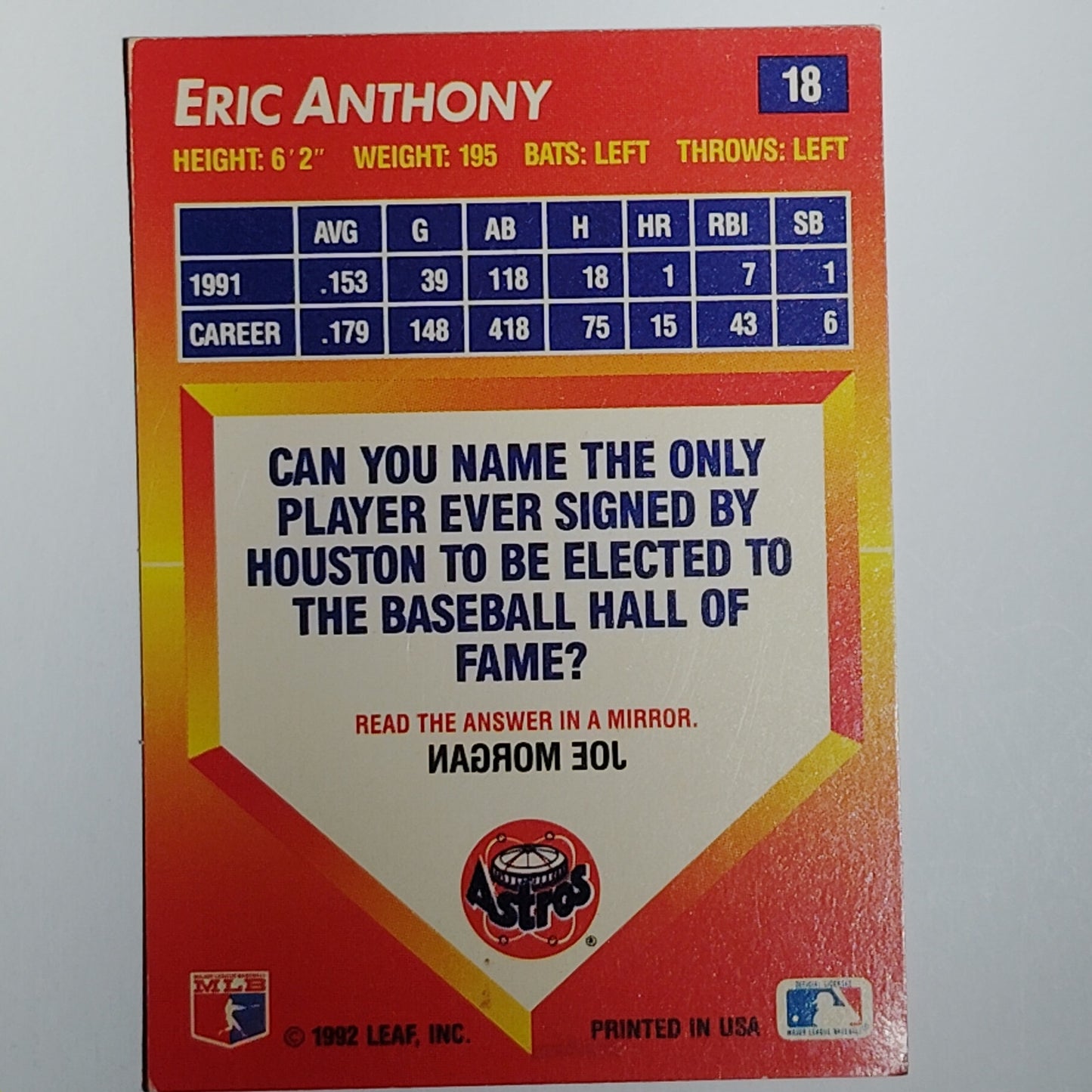 1992 Triple Play Eric Anthony Card #18 Houston Astros OF VG/EX