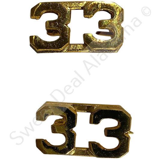 WWI Era Numeric "33", Brass Military C-Clasp Hat / Lapel / Collar Pins Set 3/8"H