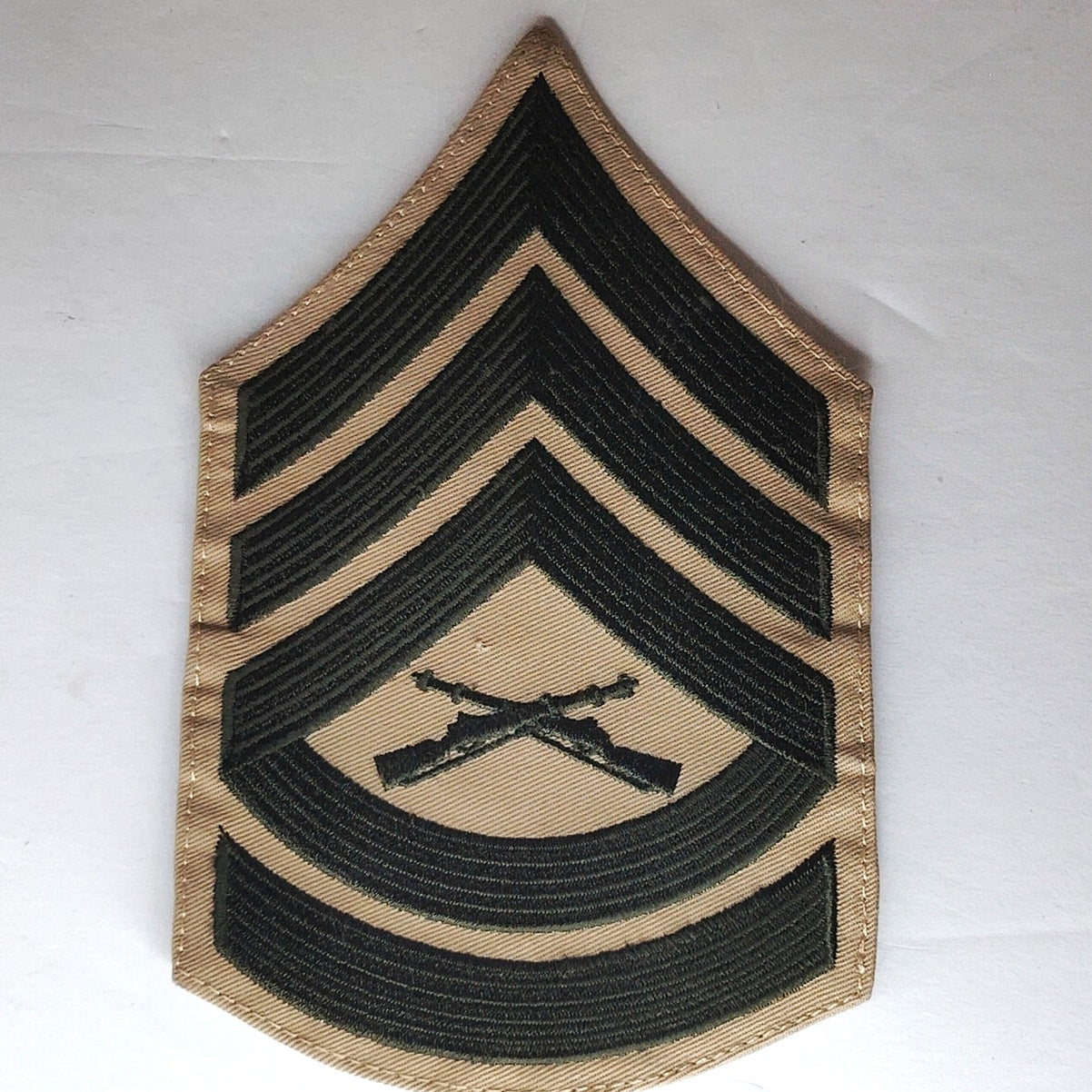 USMC Gunnery Sergeant E‑7 Chevrons Green on Khaki Male Size Pair, 6" × 3‑5/8"