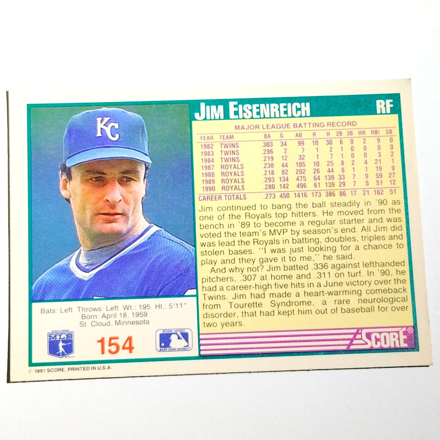 1991 Score Jim Eisenreich #154 Kansas City Royals Outfielder Baseball Card NM