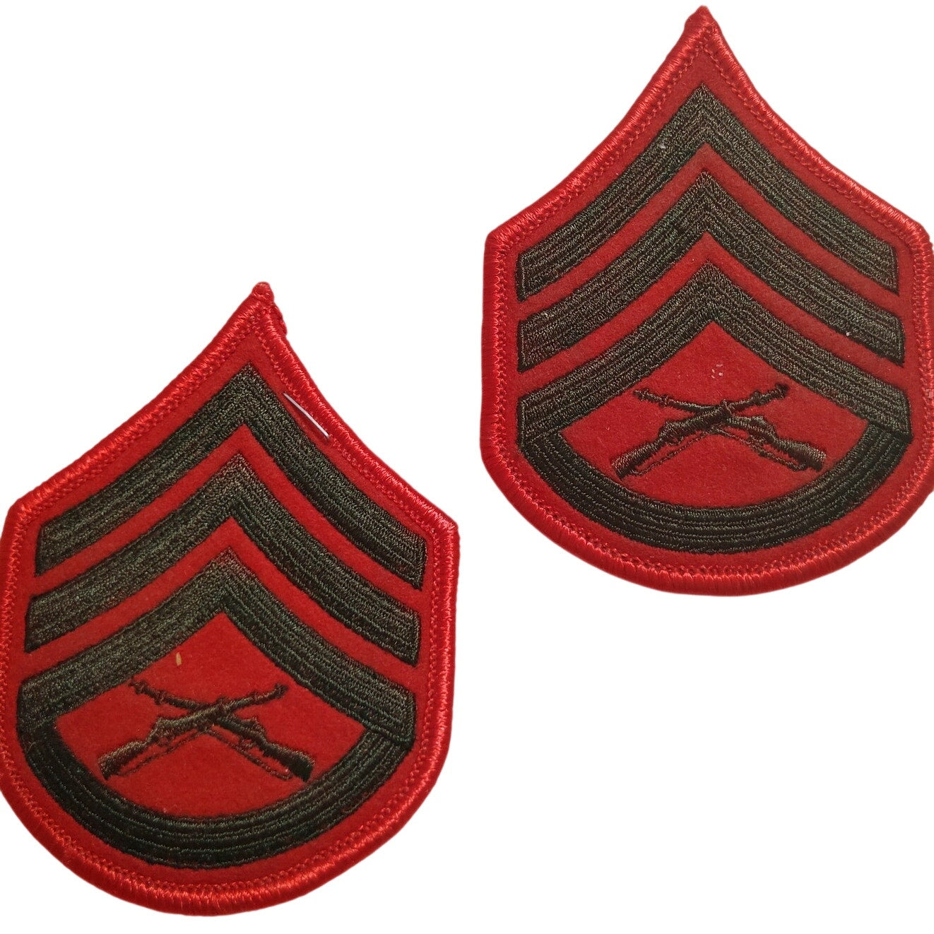1 Set - USMC Staff Sergeant E‑6 Chevrons, Green on Red – Female  3‑3/4" × 2‑7/8"