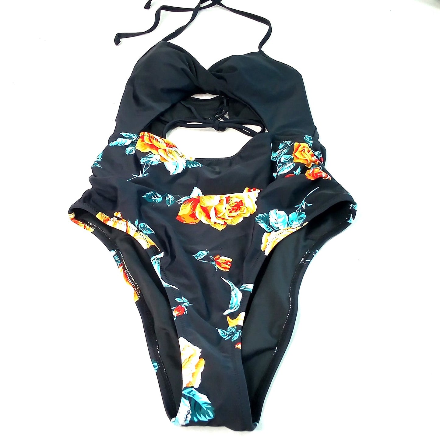 Cupshe Floral Cutout One Piece Swimsuit Halter Tie Back Women’s Medium