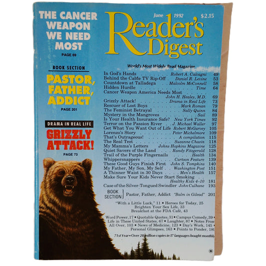 Reader's Digest June 1992 Magazine Grizzly Attack Pastor Father Addict