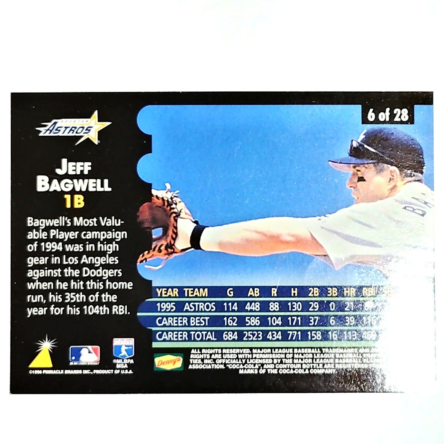 1996 Denny’s Pinnacle Holograms Jeff Bagwell Card #6 Houston Astros 1B VG/EX