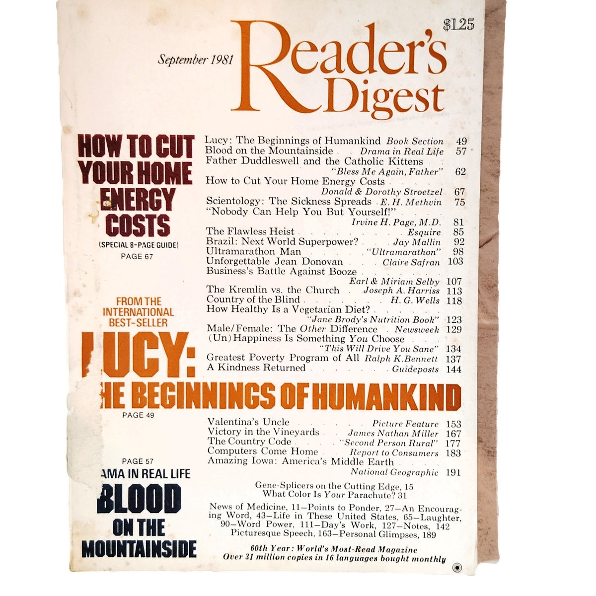 Vintage Reader's Digest Magazine September 1981 Lucy Beginnings of Humankind