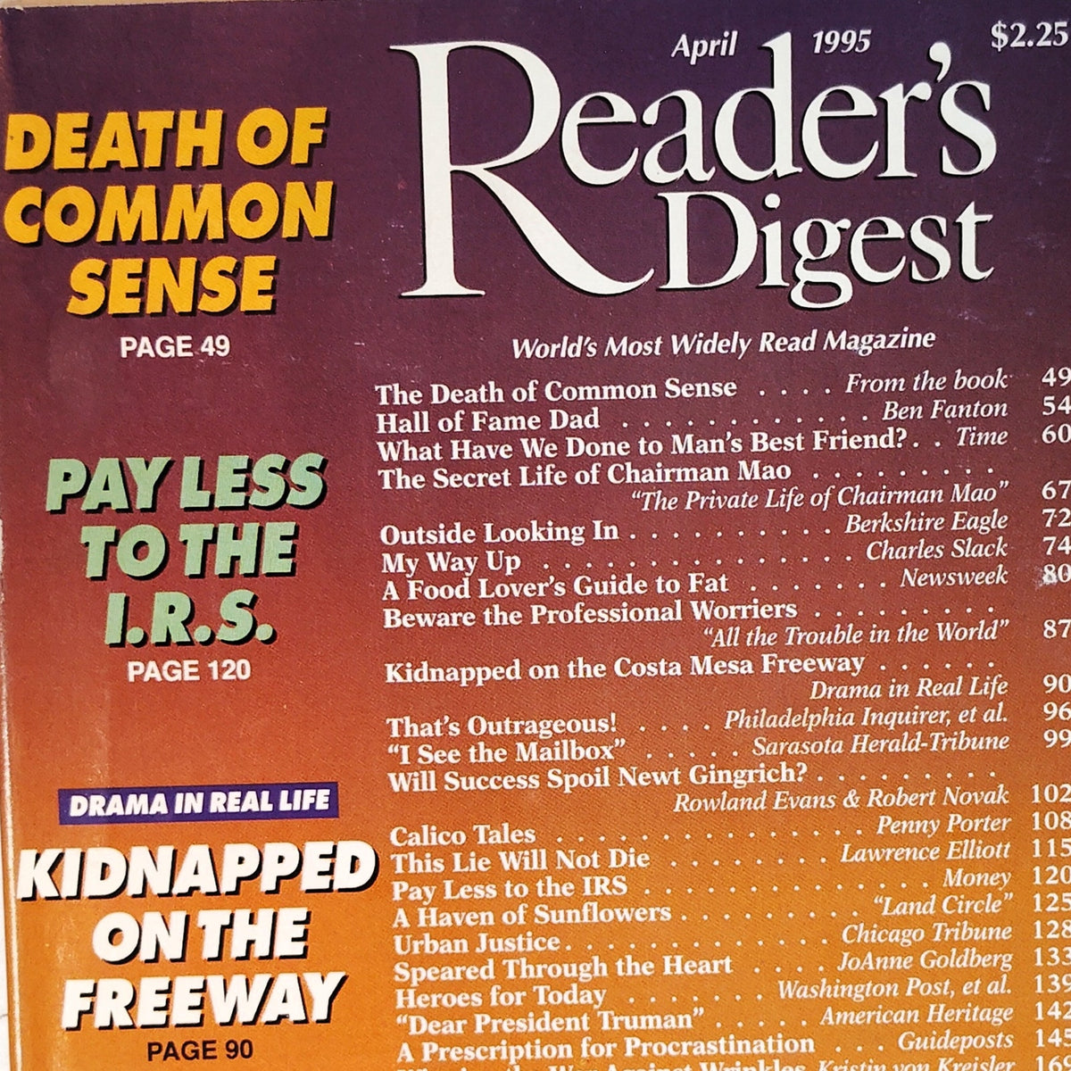 Reader's Digest April 1995 Vintage Magazine Death of Common Sense Back Issue