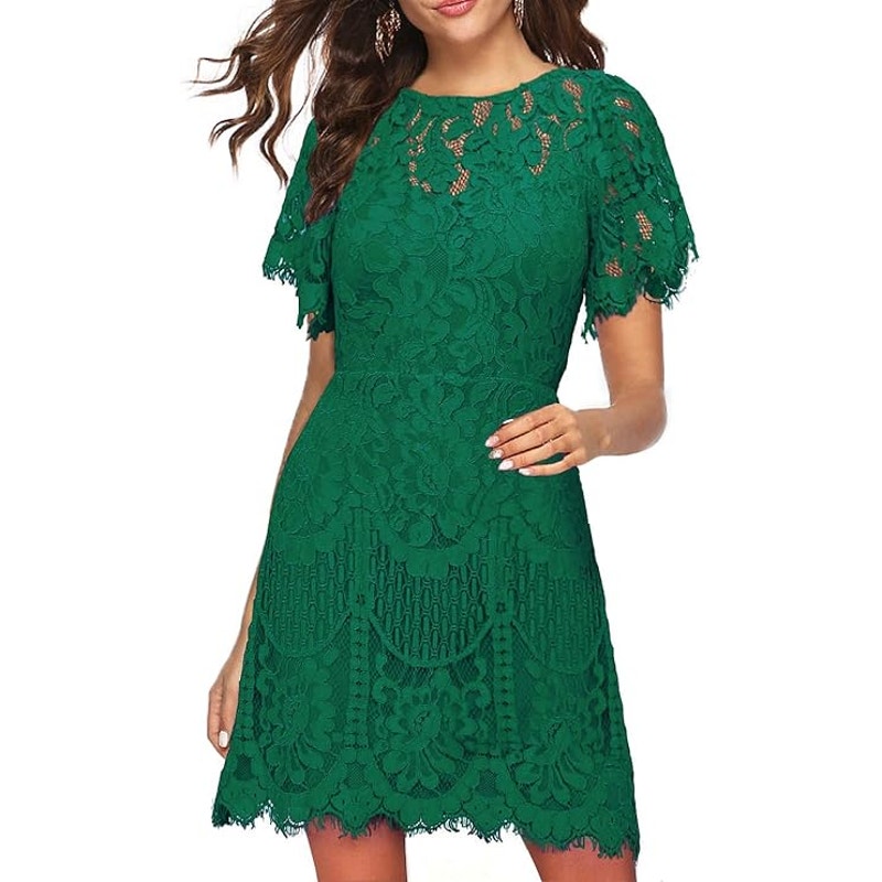 Elegant Round Neck V-Back Floral Lace Cocktail Party A Line Dress, Green, Size M