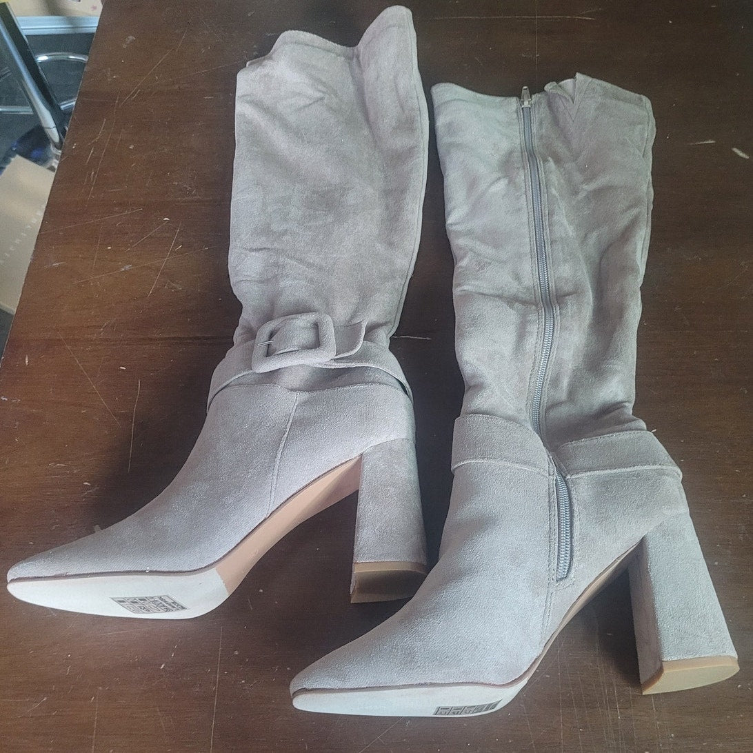 Yoki Jacklyn-14 Dress Boots – Beige, Women’s 10M, Knee-High Block Heel, Side Zip