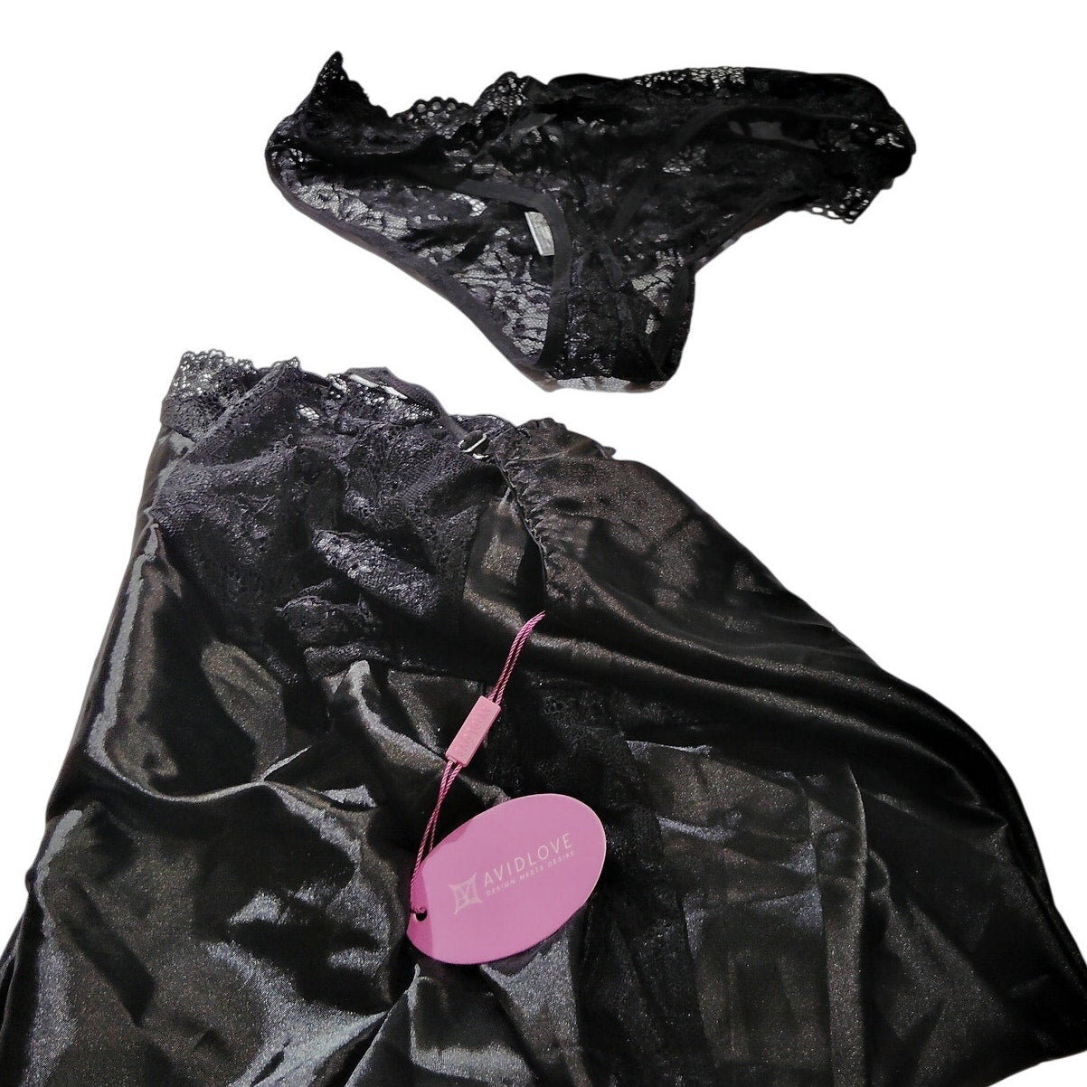 Avidlove Women’s Satin Lace Chemise & Thong Set – Black – Large – NWT