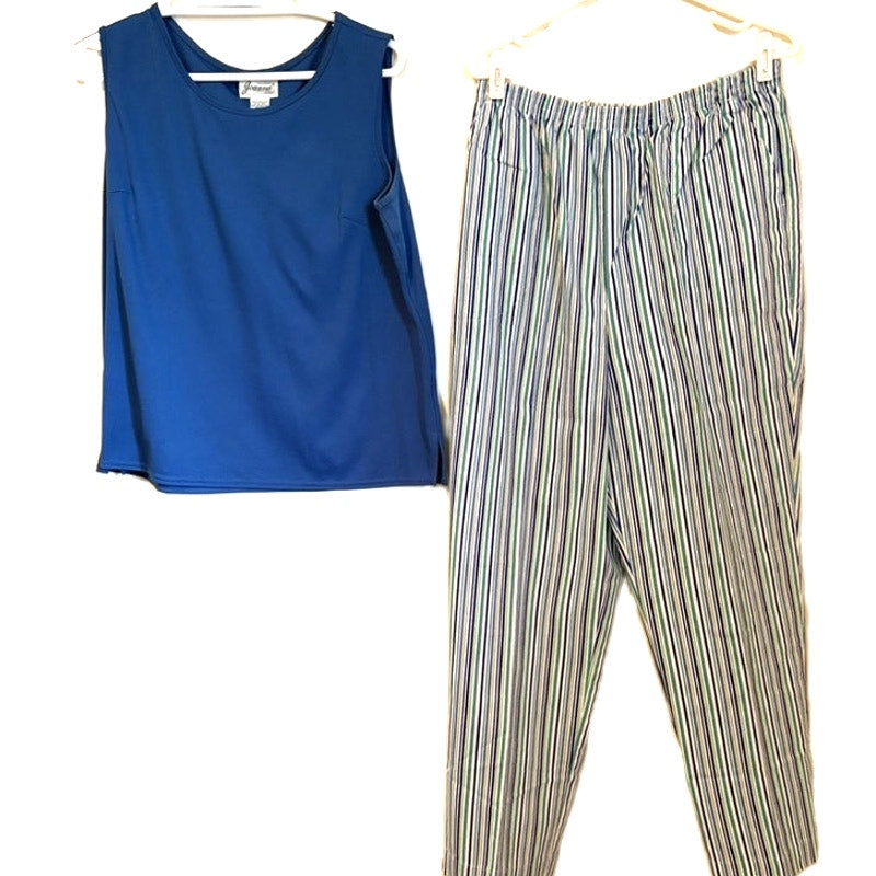 Women's Joanna & Blair 2-Piece Blue Tank Top & Striped Lounge Pants Set L/16
