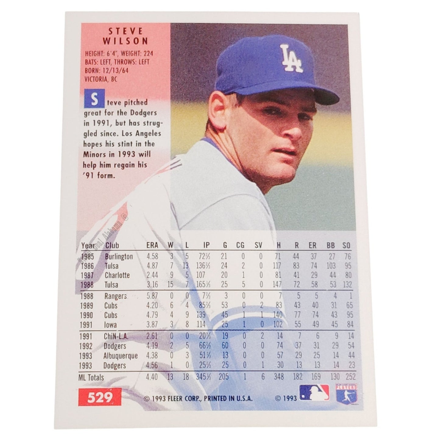 Steve Wilson, Los Angeles Dodgers, #529, 1994 Fleer Baseball Collector's Card