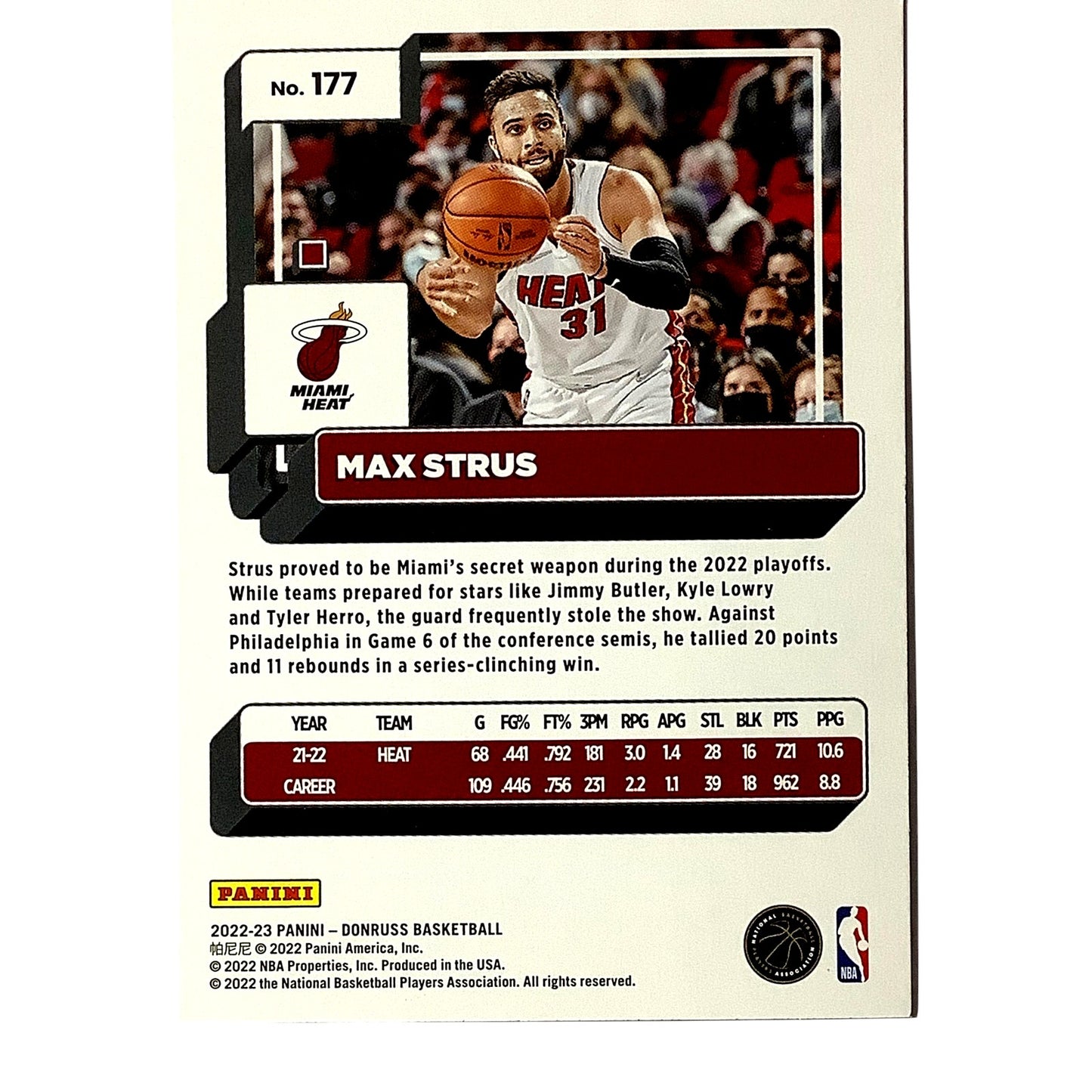 Max Strus, Miami Heat, Card #177, 2022-23 NBA Panini Donruss NM+