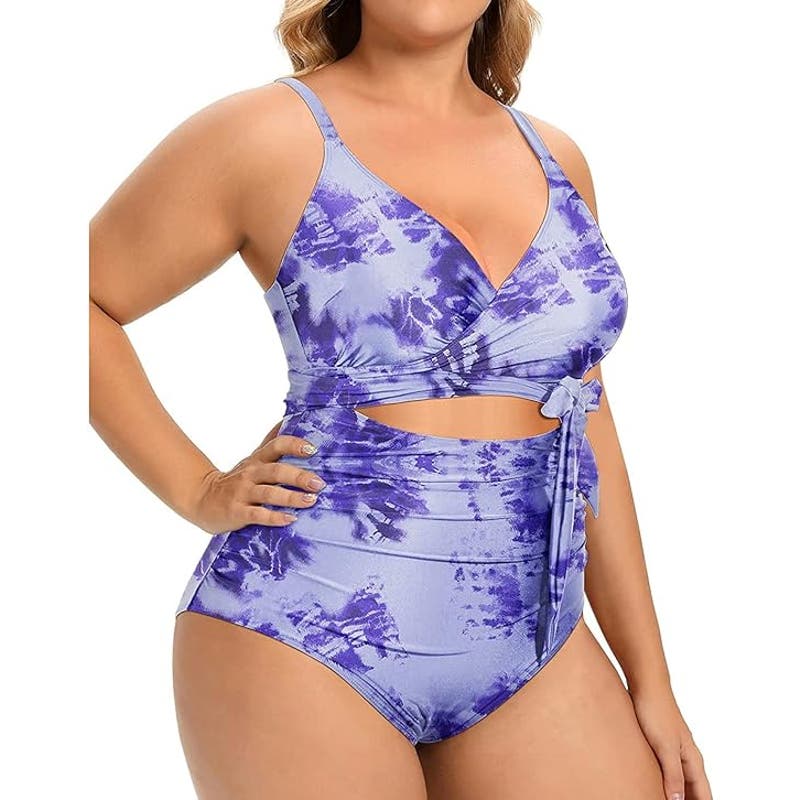 Daci Blue Tie Dye, One Piece High Waisted Tummy Control Cutout Lace up 14W Plus