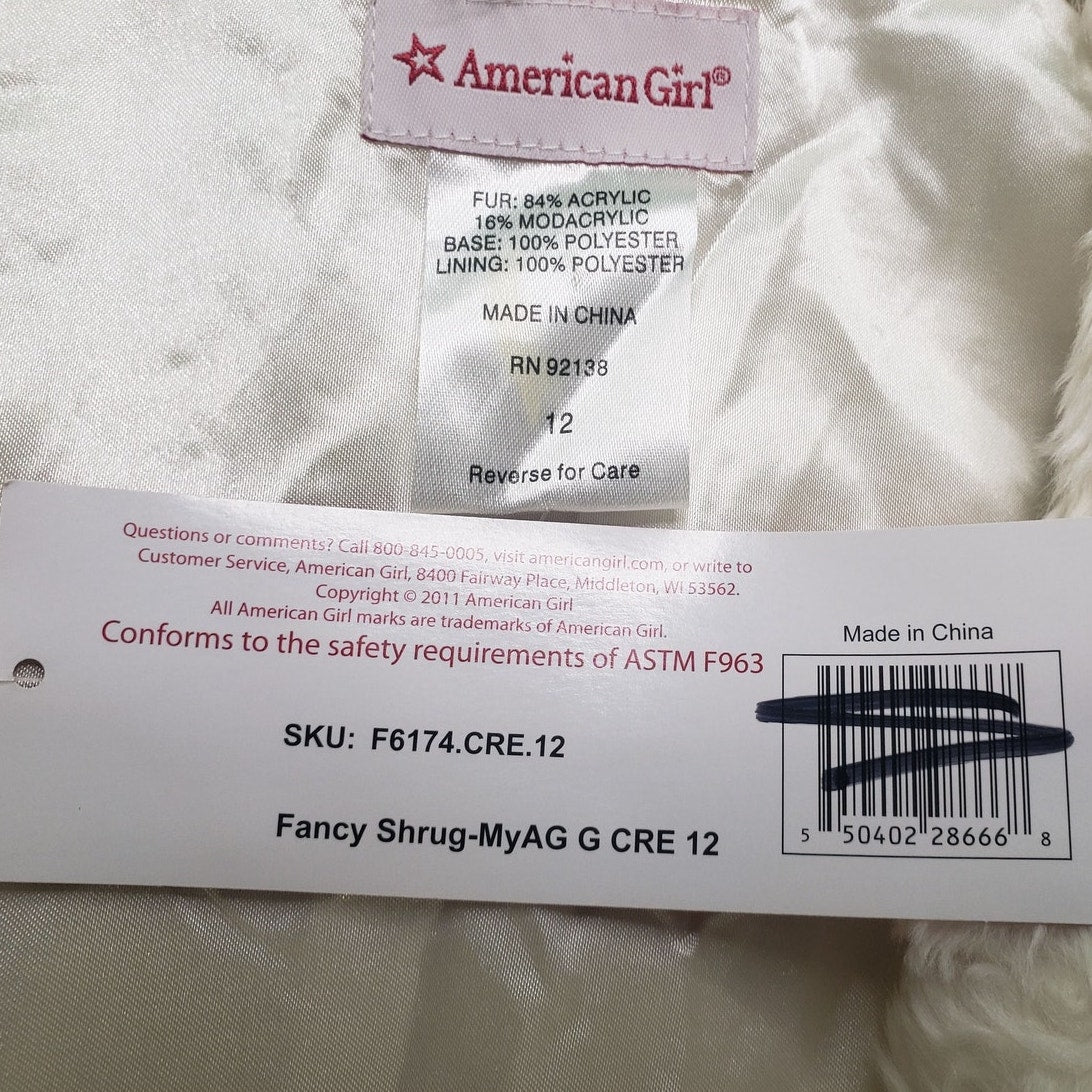 American Girl Faux Fur Cream Fancy Shrug Short Jacket For Girls, 12, NWT