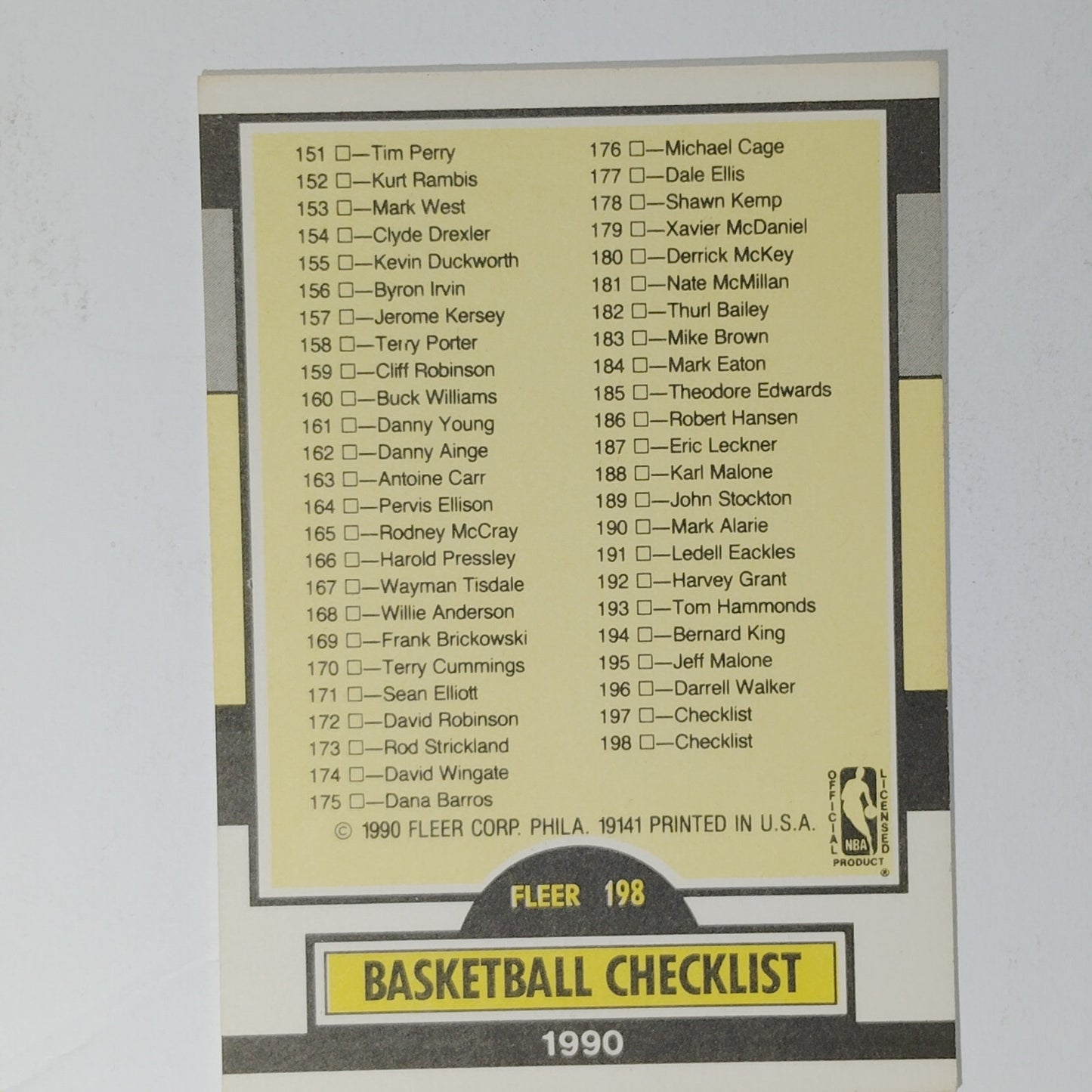 1990 Fleer Basketball Checklist #198 – Covers Cards 101–198 – NBA Card