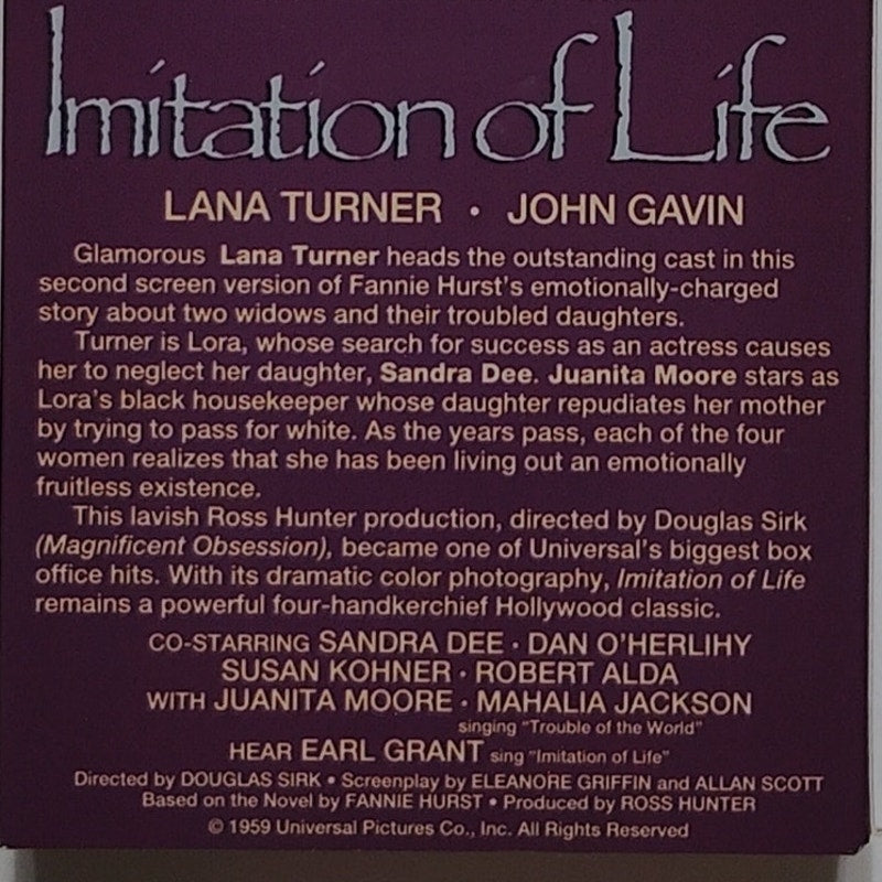 Imitation of Life VHS 1992 Lana Turner Classic Drama Vintage Movie Tape