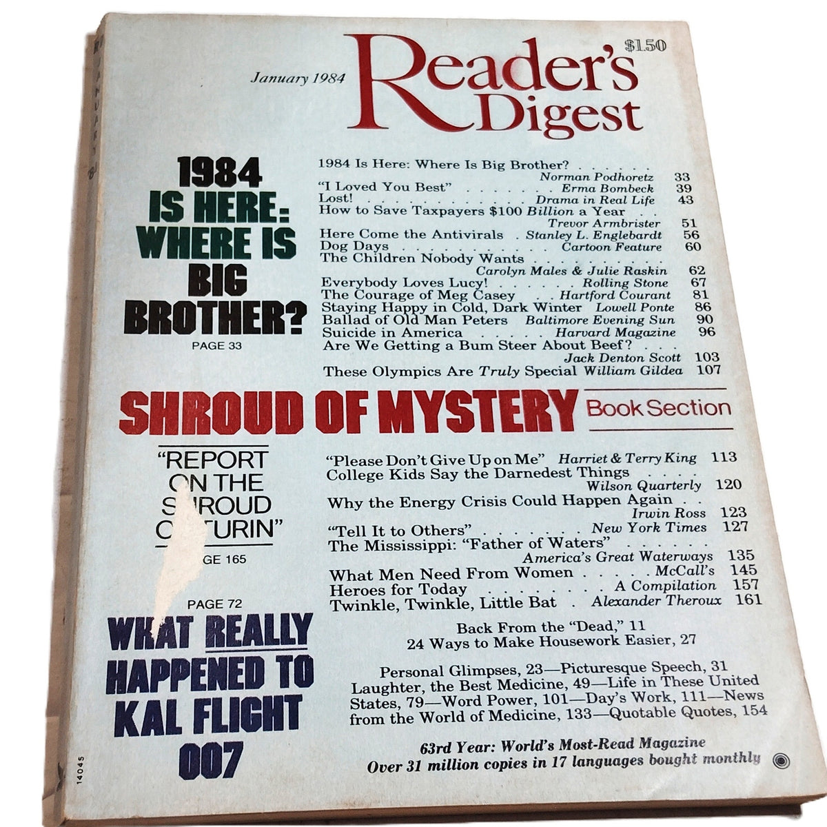 Reader's Digest January 1984 Vintage Magazine KAL 007 Back Issue Collectible