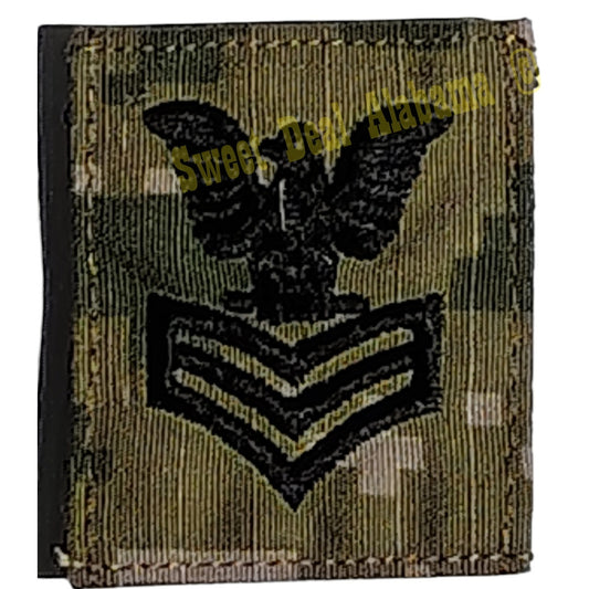 Navy Petty Officer 1st Class (E-6) Rank Sew-On Cap Device Insignia Emblem, Woodland Digital, 1-5/8"W x 2"H, NIP