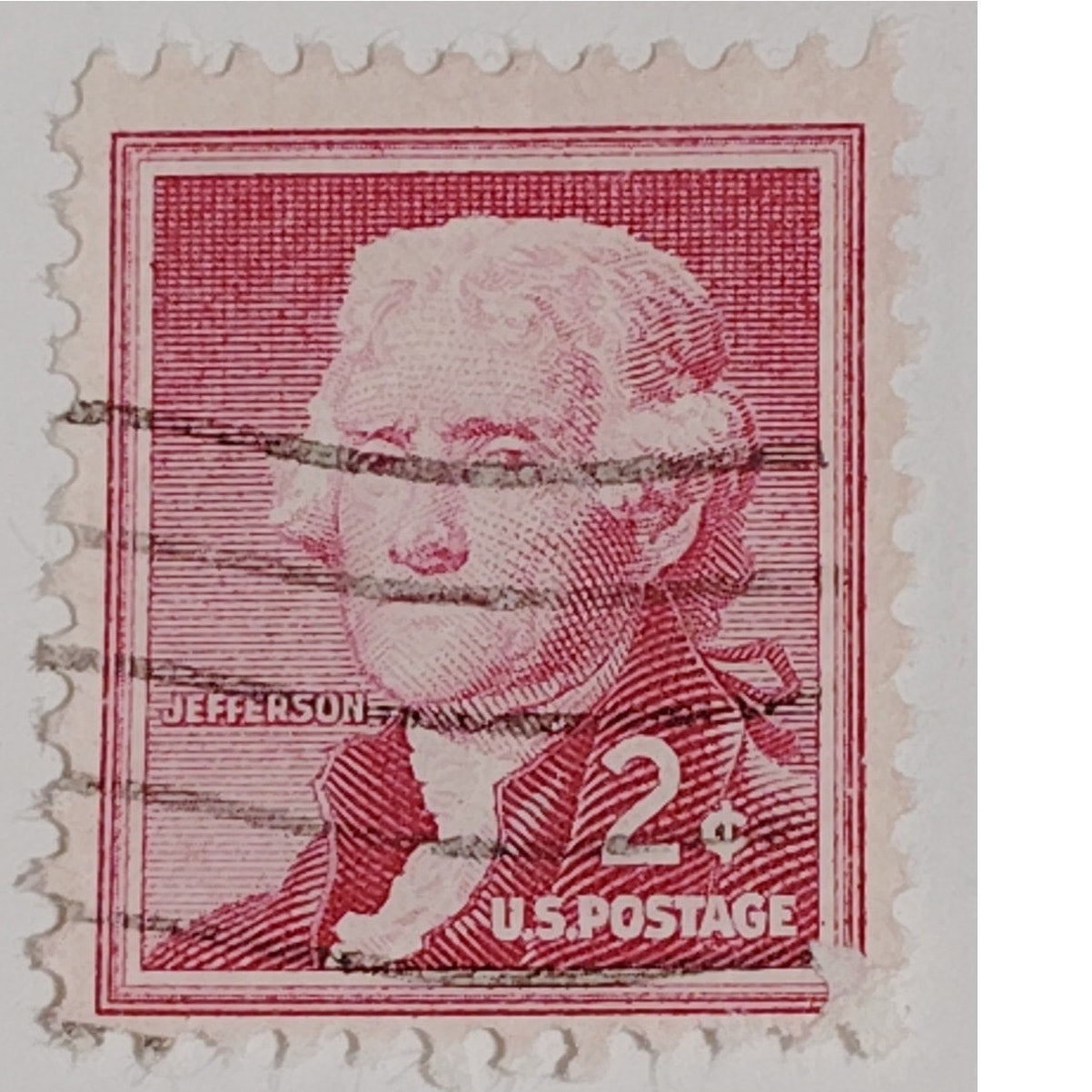 1954 2¢ Thomas Jefferson Stamp, Liberty Series, Scott #1033, Rose Red, Canceled