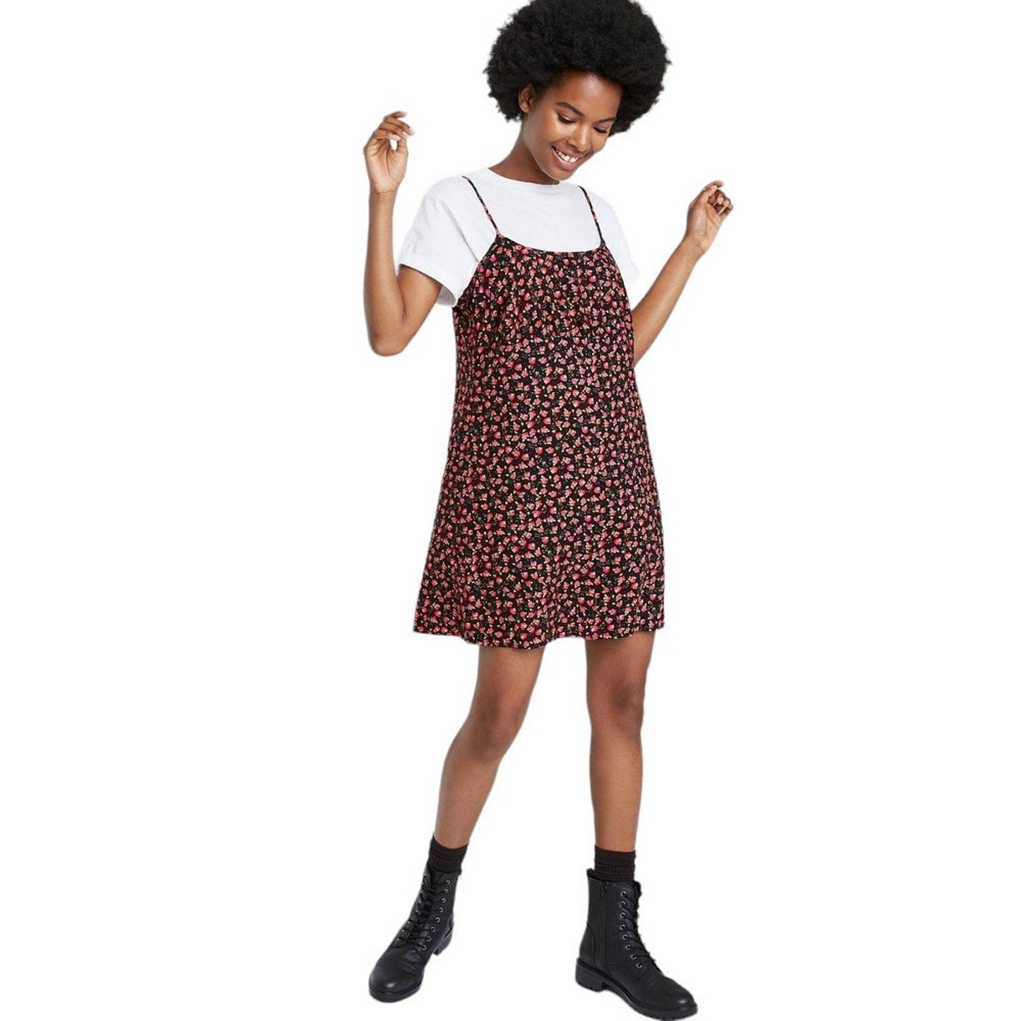 Women's MD Woven Floral Design Slip Dress, Spaghetti Straps- Black Floral, NWT