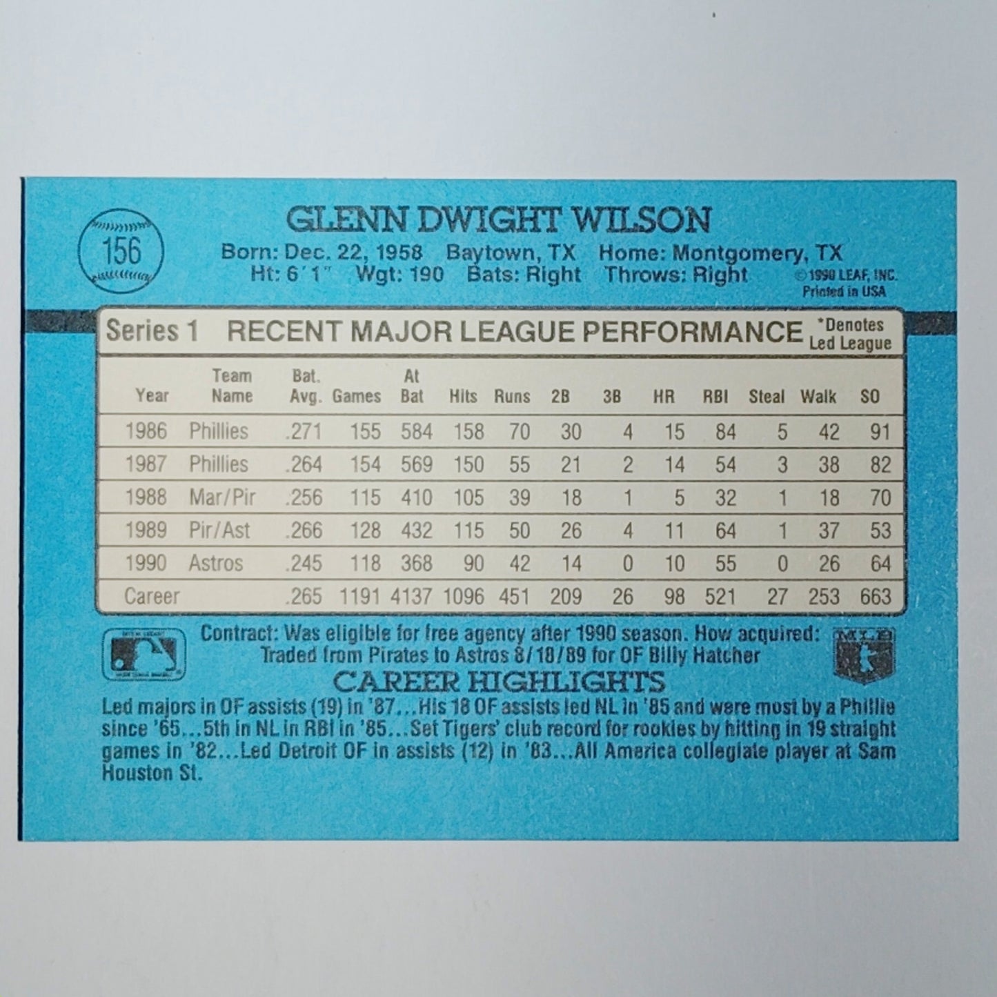 1991 Donruss #156 Glenn Wilson Houston Astros Outfielder - VG/EX
