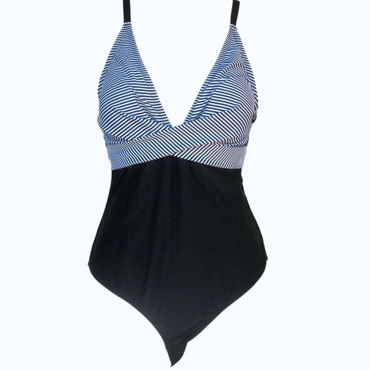B2PRITY Criss Cross V Neck One Piece Swimsuit Tummy Control Black White Medium