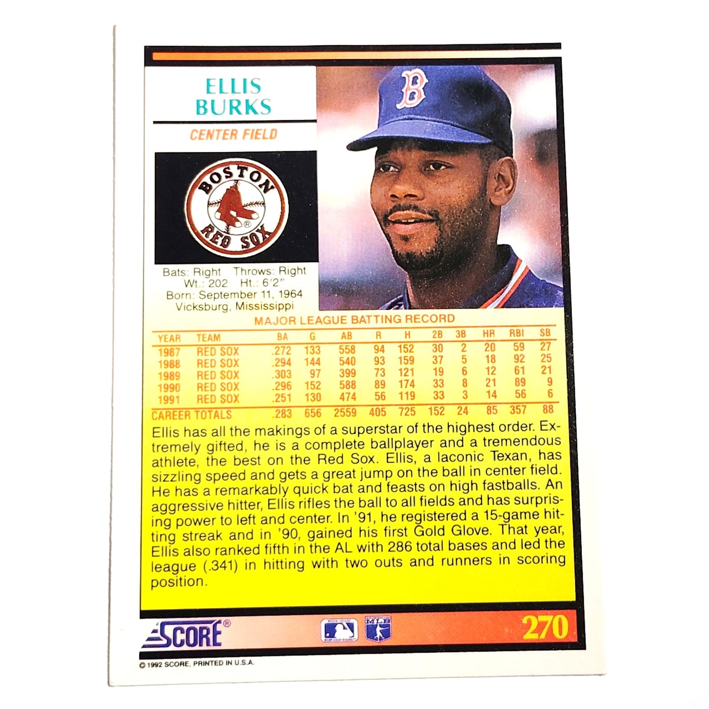 1992 Score Ellis Burks #270 Boston Red Sox Outfielder MLB Baseball NM
