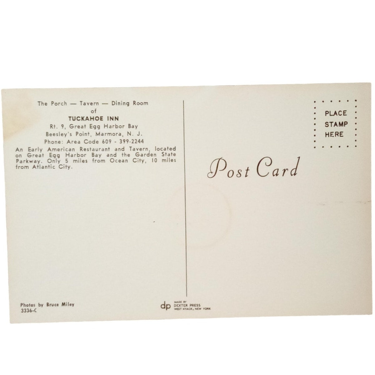 Marmora, NJ, Tuckahoe Inn, The Porch Restaurant, 3.5 x 5.5  Vintage Postcard
