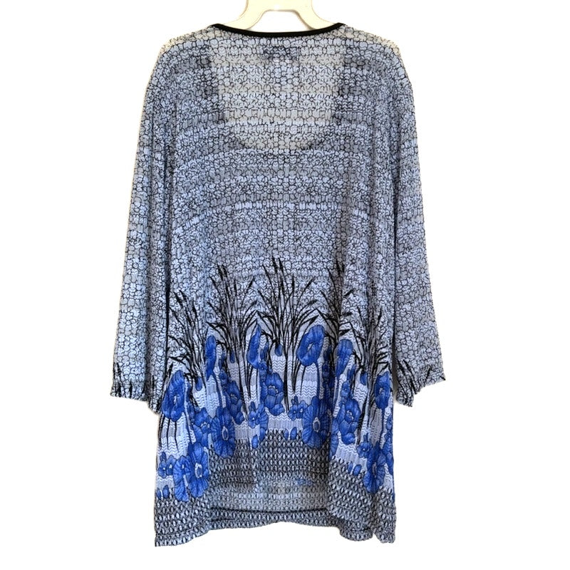 Maggie Sweet Blue Floral Knit Tunic Top Size L Black Trim 3/4 Sleeve