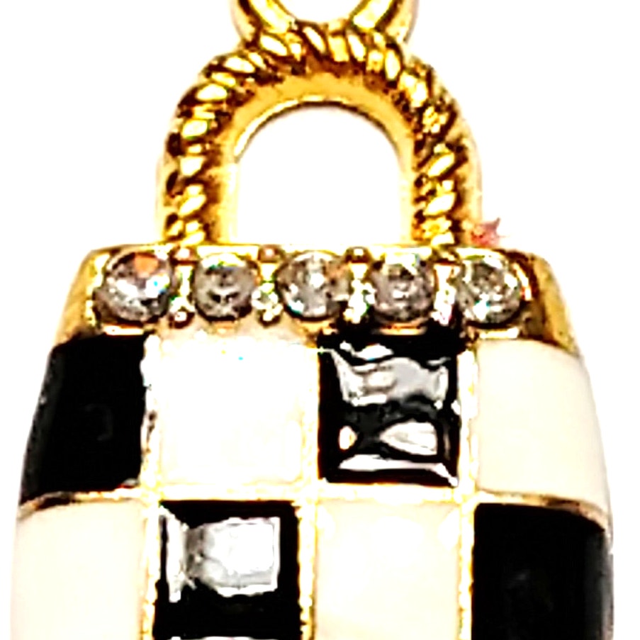 Black Checkered Purse Charm Enamel Gold‑Tone with Rhinestones 5/8" Pendant