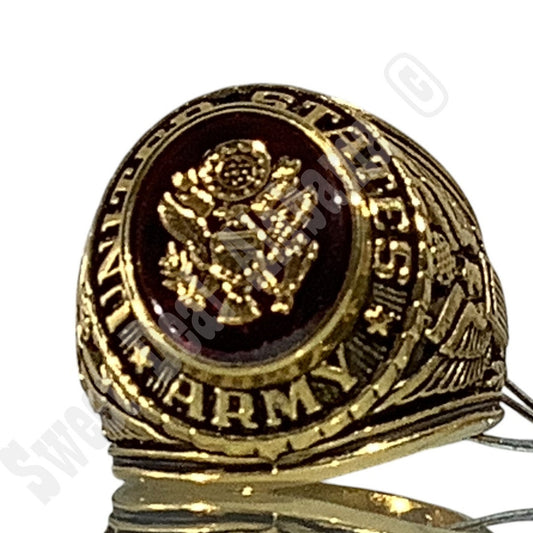 United States Army Ring, Size 6-1/2, Gold Tone, Center Red Stone w/ Army Crest