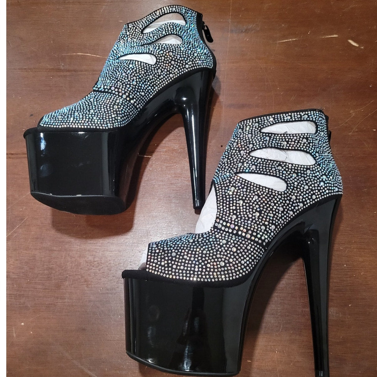 Ellie Shoes Black Ankle Boots w/ Rhinestones 709-WENDY Size 8, Platform Stiletto