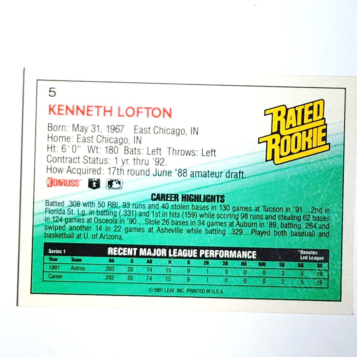 1992 Donruss #5 Kenny Lofton Rated Rookie Card Houston Astros Outfielder - VG/EX