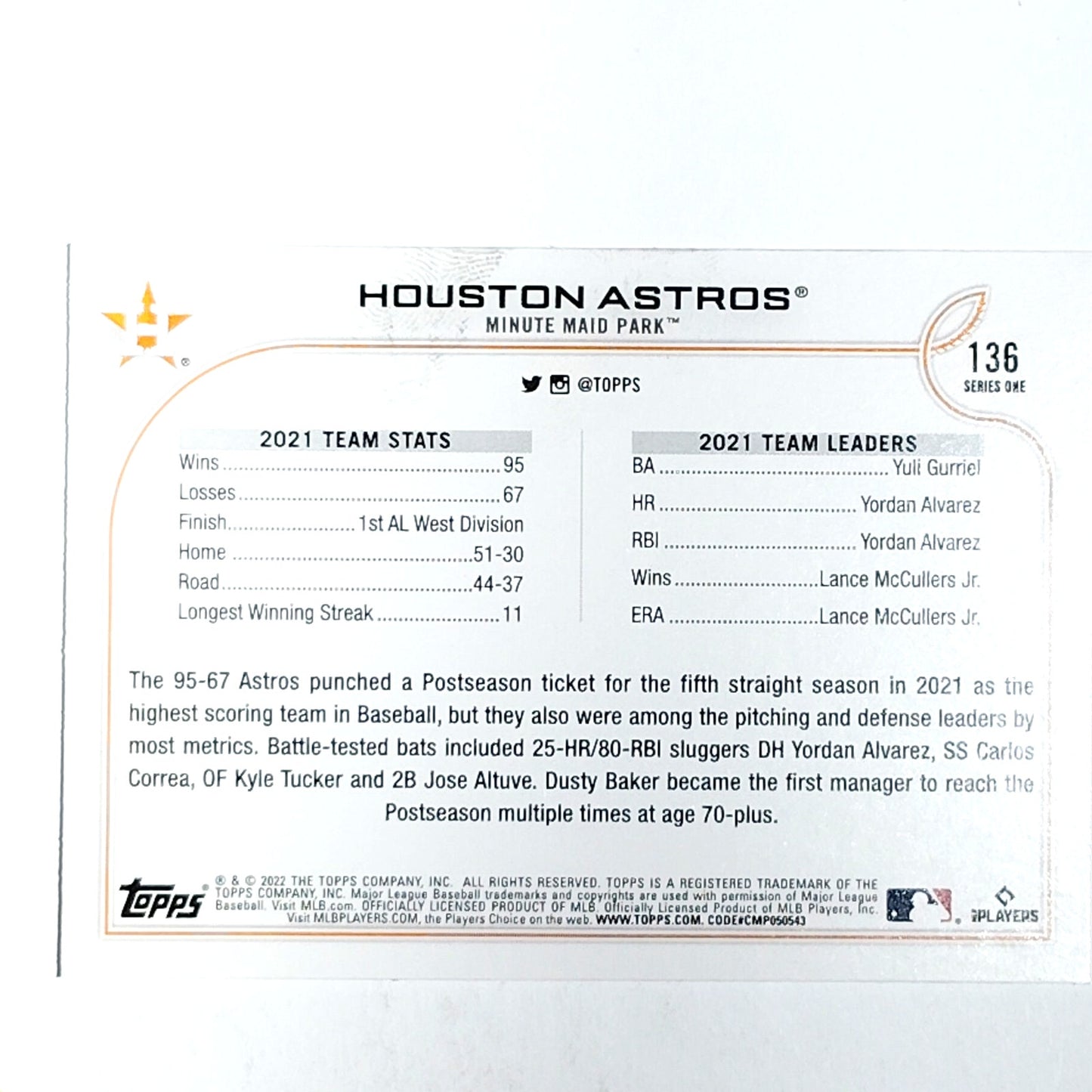 2022 Topps #136 Houston Astros American League Team Card - VG/EX