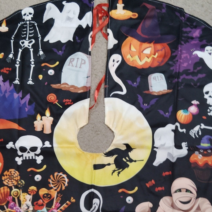 36" Halloween Tree Skirt – Haunted Scene with Ghosts, Skeletons, Witch & Moon