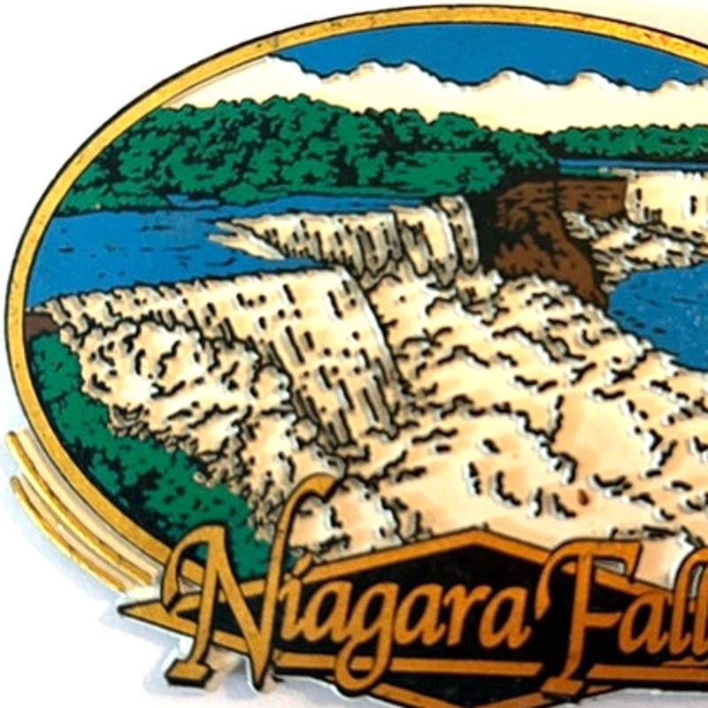 Niagara Falls 3D PVC Fridge Magnet Oval Scenic Cascades Gold Trim 3.75x2.75